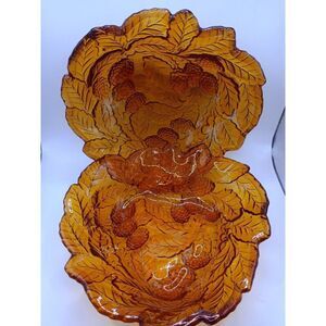 2) Vintage Amber Carnival Glass Candy Dish / Bowls Leaves & Berries Solid Amber